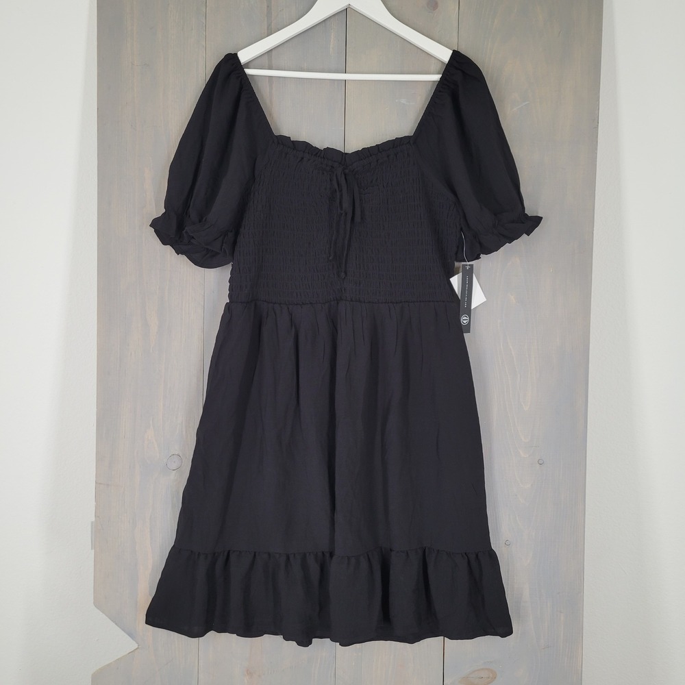As U Wish Smocked Mini Dress Women 1X Black Puff Sleeve Ruffle Hem NEW